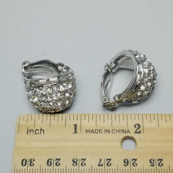 Vintage Kramer of NY Rhinestone Cluster Half Hoop Huggie Clip On Earrings - Picture 6 of 8